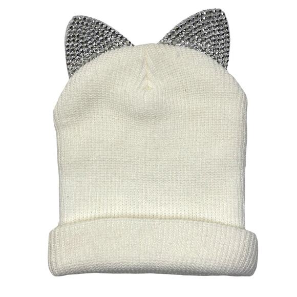 Cat Ear Beanie Rhinestone and Mirror Ears Ivory Colored OS - Picture 1 of 5